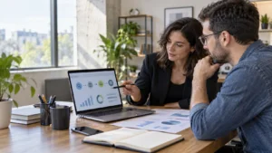 Fondatoare și consultant digital discută un brief SEO și un traseu abstract de la căutare la cerere pe ecran